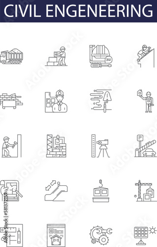 Civil engeneering line vector icons and signs. Engineering, Construction, Buildings, Structures, Infrastructure, Surveying, Foundations, Roads outline vector illustration set