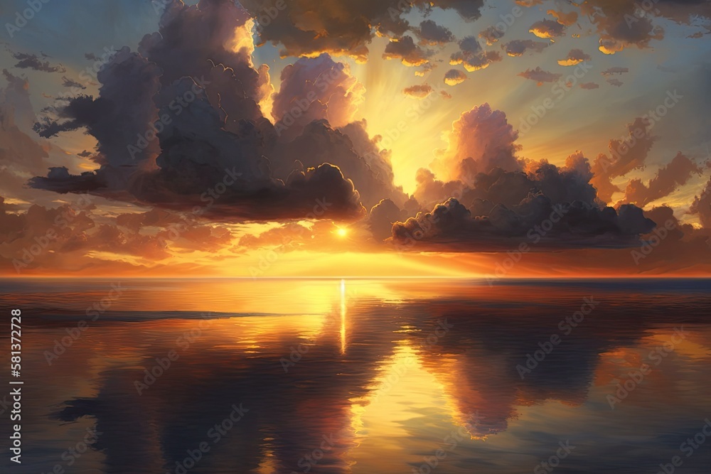 An expansive view of a gorgeous, warm sunset over a calm sea and cloud filled sky. Generative AI