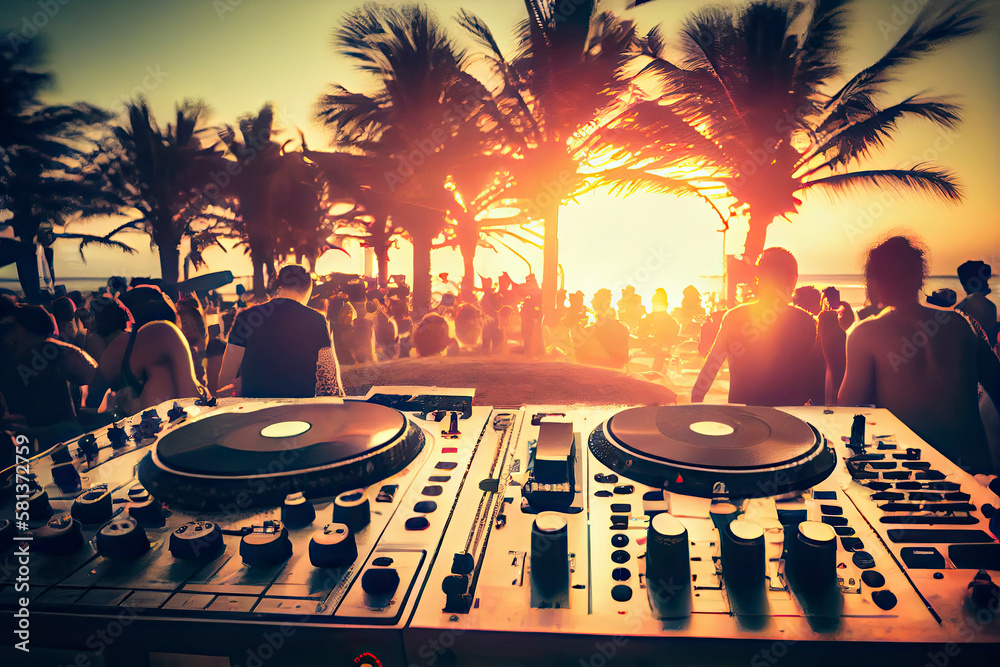 Dj mixing outdoor at beach party festival with crowd of people in  background - Summer nightlife ilustración de Stock | Adobe Stock