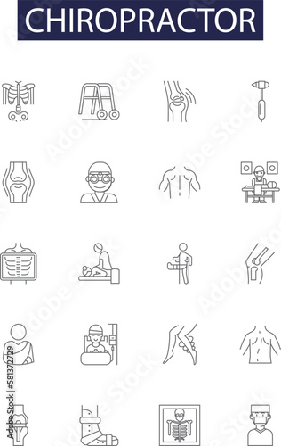 Chiropractor line vector icons and signs. Backache, Adjustments, Spinal, Manipulation, Neck, Pain, Muscle, Joints outline vector illustration set