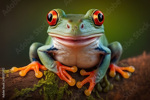Smiling red eyed tree frog. Generative AI