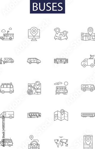 Buses line vector icons and signs. Coaches, Shuttles, Vans, Transports, Routes, Wheels, Fleet, Trips outline vector illustration set photo