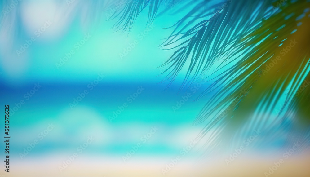 Abstract blurred ocean coast background with tropical palm leaves. Generative AI