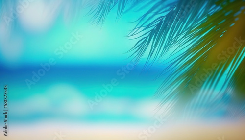 Abstract blurred ocean coast background with tropical palm leaves. Generative AI © Anna
