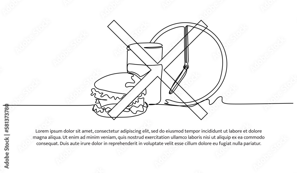 Prohibited eating and drinking continuous line design. Fasting design concept. Islamic holidays. Decorative elements drawn on a white background. Prohibited eating and drinking continuous line design. Fasting design concept. Islamic holidays. Decorative elements drawn on a white background.