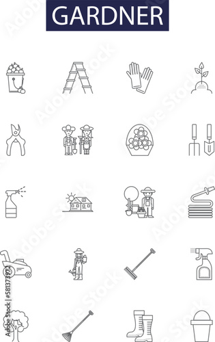 Gardner line vector icons and signs. Horticulturist, Cultivator, Planter, Cultivate, Prune, Weed, Lawn, Garden outline vector illustration set