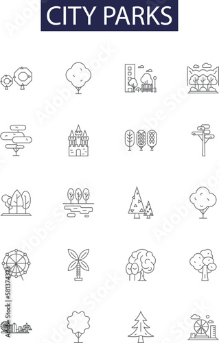 City parks line vector icons and signs. Parks, Recreation, Green, Spaces, Playground, Walking, City, Trees outline vector illustration set