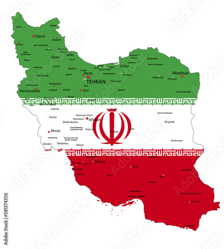 Iran highly detailed political map with national flag isolated on white background.
