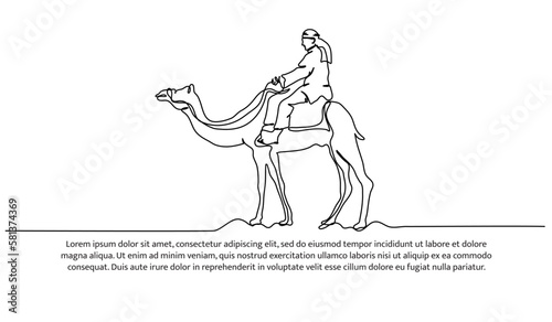 Continuous line design of man riding camel in desert. Islamic design concept. Decorative elements drawn on a white background.