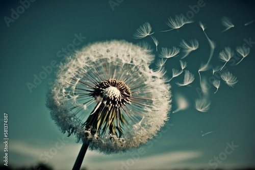Dandelion Seeds Drifting Away in the Blue Sky. Generative AI