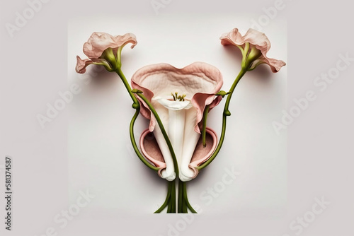 uterus illustration in flowers. Creative arrangement of calla lilies resembling a human uterus on a clean white background. photo