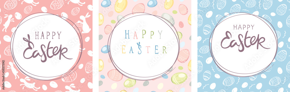 Set of postcards -- Happy Easter. Funny backgrounds for label or cards. Vector illustrations in a cartoons style. Set of postcards -- Happy Easter. Funny backgrounds for label or cards. Vector illustrations in a cartoons style.