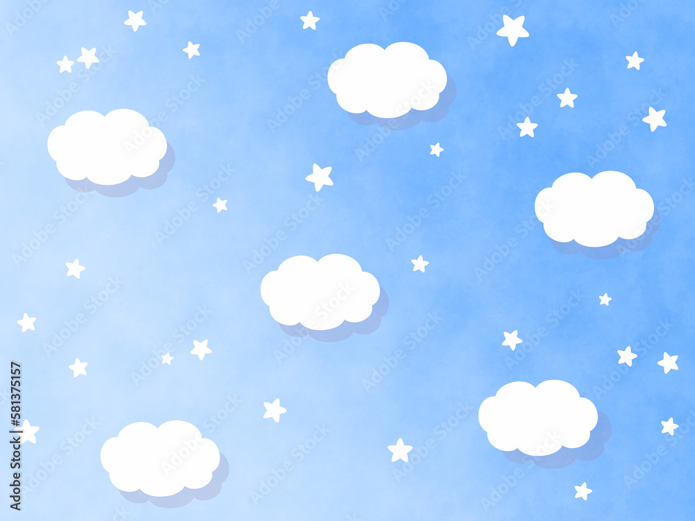 Light blue gradation sky with floating clouds and stars Fantasy background material