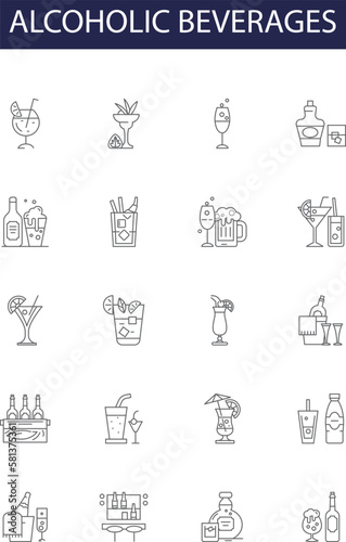 Alcoholic beverages line vector icons and signs. liquor, drinks, brews, hooch, ale, beer, wine, vodka outline vector illustration set