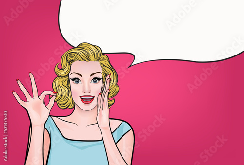 Pop art girl raising her hand showing ok sign with speech bubble. Party invitation or birthday card with curly-haired girl in pink background in vintage style.