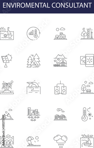 Enviromental consultant line vector icons and signs. Environmentalist, Sustainability Expert, Pollution Specialist, Conservationist, Ecologist, Waste Manager, Climate Change Analyst, Energy Auditor