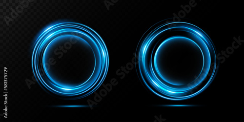 Magic portals on the night scene. Blue round holograms with rays of light and sparkles. Glowing futuristic teleport tunnel with copy space on black background.