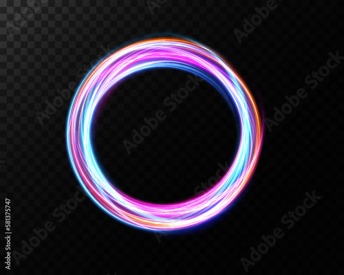 Magic fantasy portal. Frame, Futuristic teleport. light effect. Blue, gold, purple, neon lights illuminate the night scene with sparks on a transparent background. Light effect of an empty podium. 