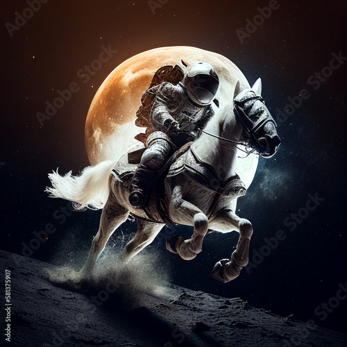 Medieval warrior on a horse with space suits  and the moon