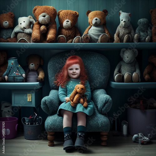 a red haired child sitting on the chair in a room full of teddy bears and dolls on large wall shelves