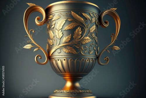 sports victory beaful golden cup with patterns on gray background, created with generative ai photo