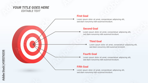 Company Goals Infographic Presentation Template on a 16:9 Ratio with 3D Isometric Bullseye or Target Board with 5 Steps for Business Goals, Business Report, and Website Design.