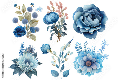 Blue Watercolor leaves and flowers floral arrangement set	