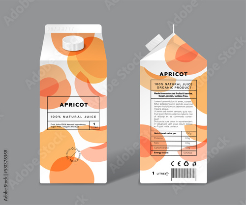 Apricot juice. Template packaging design. Whole and cut transparent fruits.