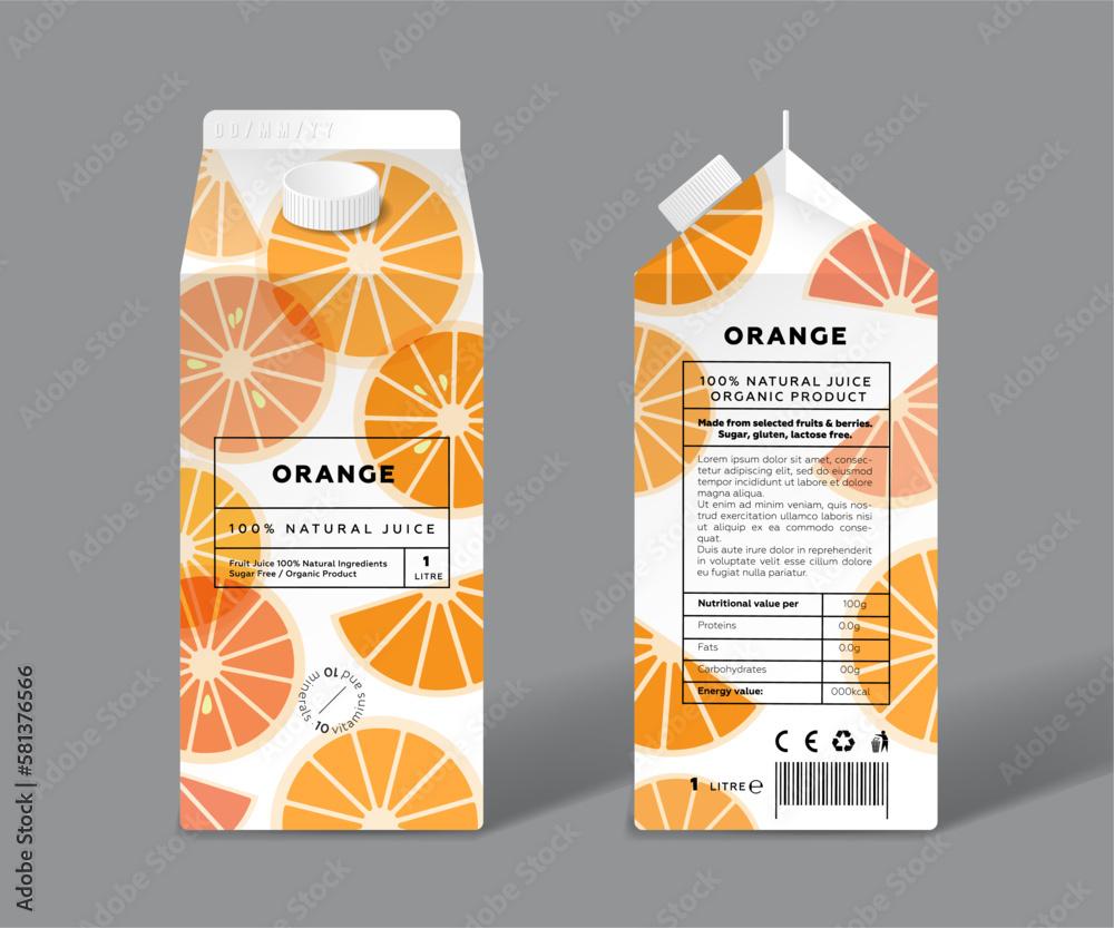 Orange juice. Template packaging design. Slices and halves of ...