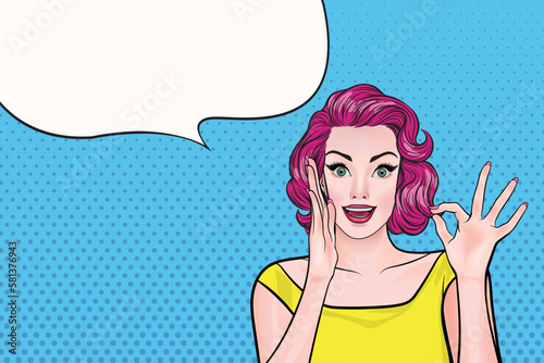 Pop art girl raising her hand showing ok sign with speech bubble. Party invitation or birthday card with curly-haired girl in pink background in vintage style.