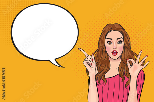 Pop art girl pointing female finger showing OK sign with speech bubble. Party invitation or birthday card with redhead girl in hollywood pink dress.