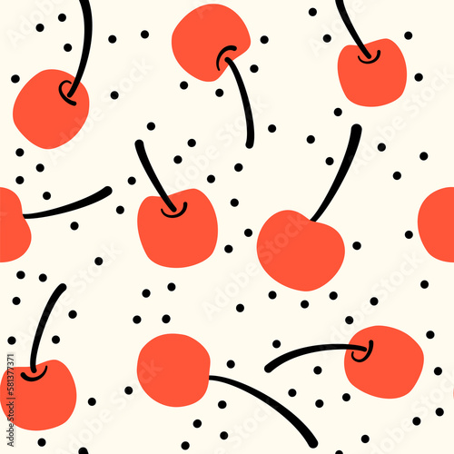 Cute abstract seamless vector pattern background illustration with red cherries and black dots