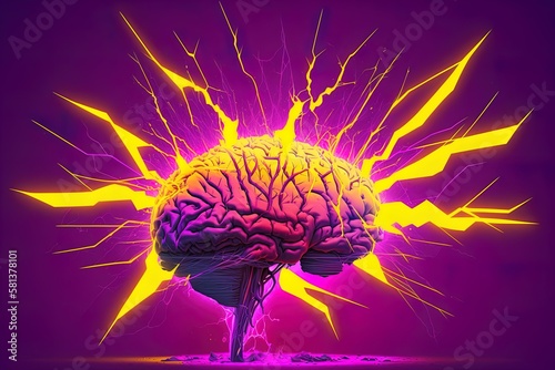 Human brain with yellow lightings on purple background photo