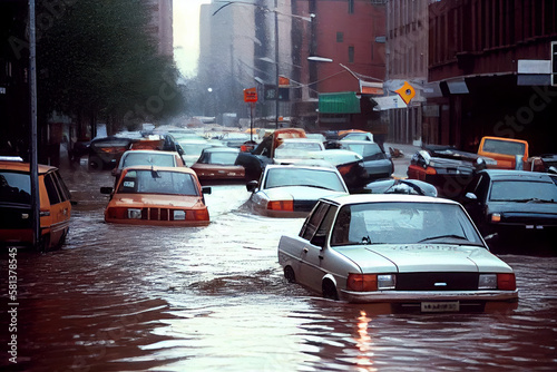 Flooded cars on the street of the city. Heavy rain. Disaster Motor Vehicle Insurance Claim Themed. Generative AI. © junghc1