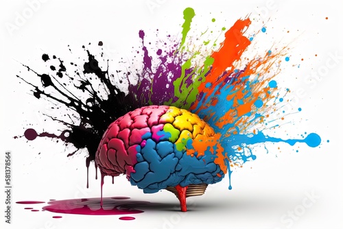 Human brain with colorful paint explosion, symbol of creativity and innovation and artistic work