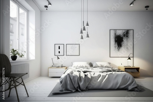 Modern interior design of bedroom. Minimalistic clean room with white furniture. Super photo realistic background  generative ai illustration