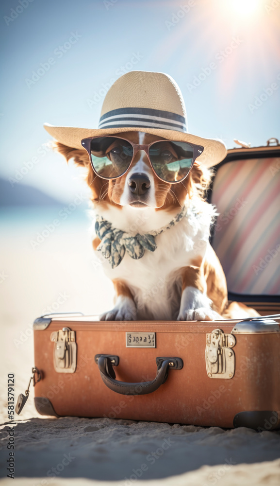 Dog on summer holiday sitiing on a beach wearing a hat and sunglasses ...
