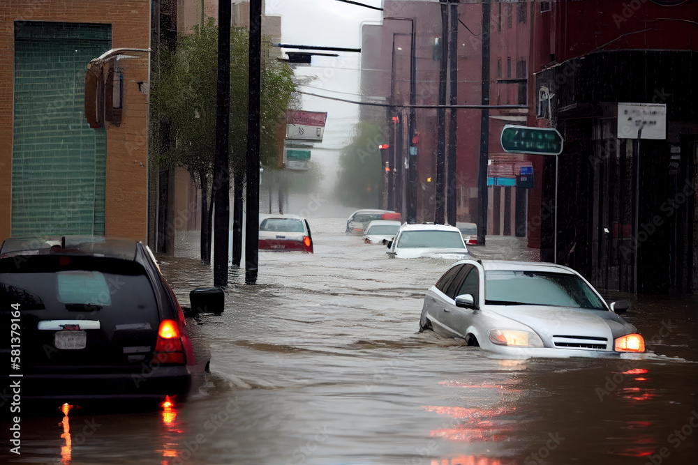 Obraz premium Flooded cars on the street of the city. Heavy rain. Disaster Motor Vehicle Insurance Claim Themed. Generative AI.