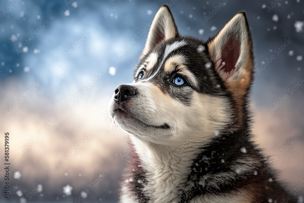 Young, contented Husky puppy looking upward in wintertime against a snowy background. Generative AI Young, contented Husky puppy looking upward in wintertime against a snowy background. Generative AI