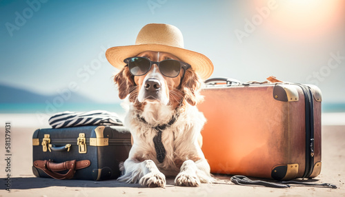 Dog on summer holiday sitiing on a beach wearing a hat and sunglasses in a perfect travel vacation photo