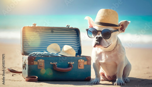 Dog on summer holiday sitiing on a beach wearing a hat and sunglasses in a perfect travel vacation © Polarpx