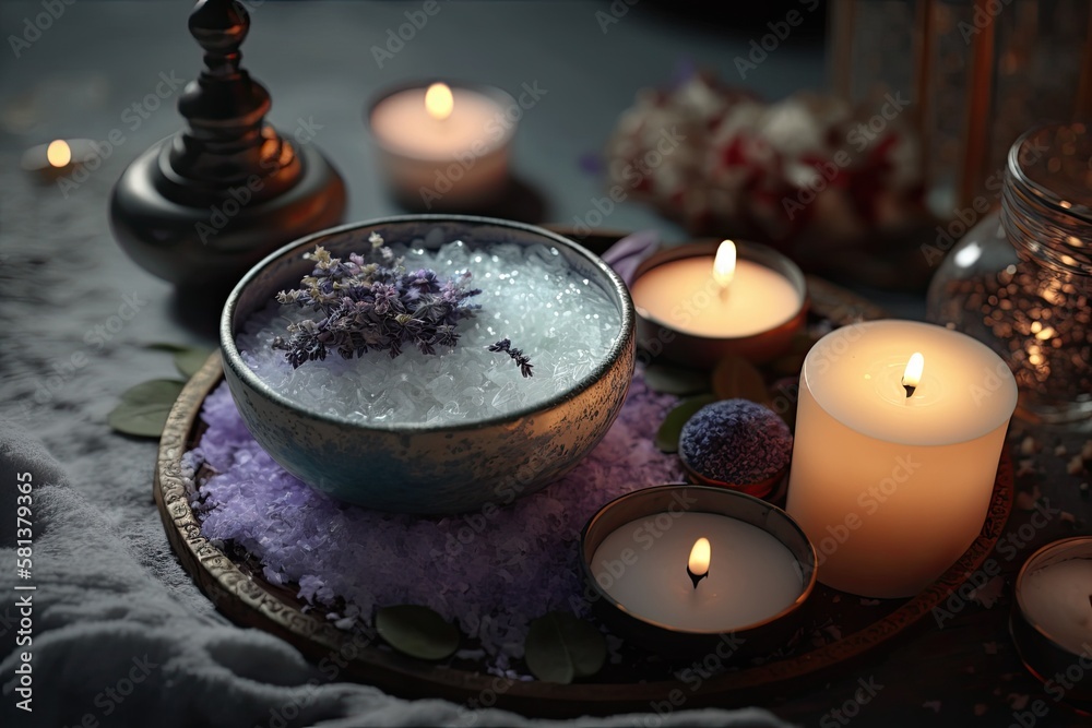 For a full moon ritual, take a bath to cleanse your spiritual aura. Close up of candles, fragrance salt, and lavender on a tub table. Generative AI For a full moon ritual, take a bath to cleanse your spiritual aura. Close up of candles, fragrance salt, and lavender on a tub table. Generative AI