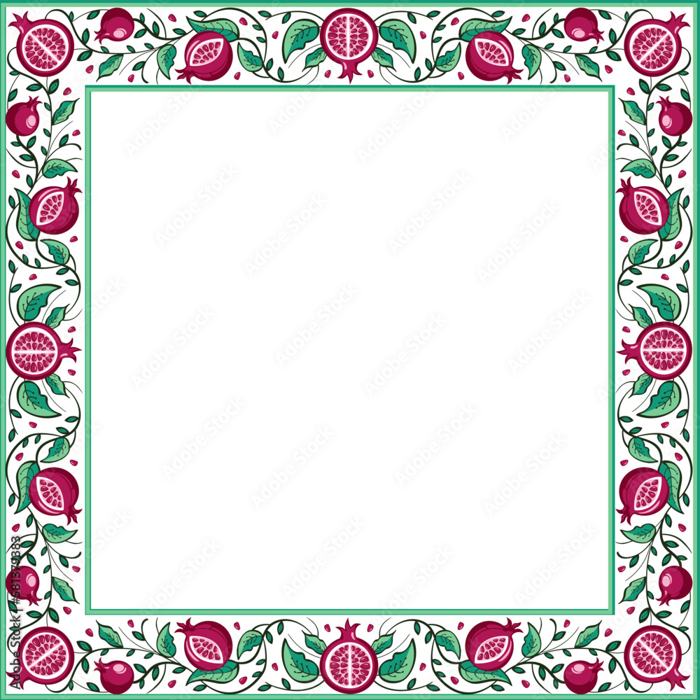 Floral frame with pomegranate tree branches with fruit and leaves