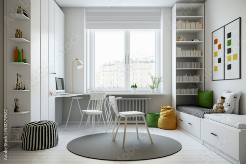 Modern interior of childrens room with white furniture. Super photo realistic background. Generative AI illustration