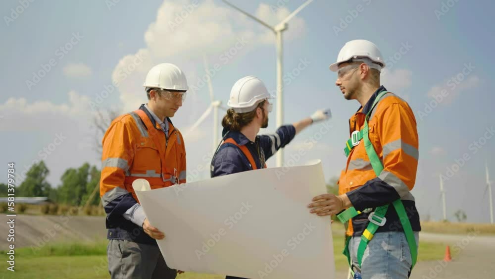 Front view of three caucasian engineers in uniform and hardhat talk about system installation at agricultural field in blueprint with wind turbines, wind turbine generate electricity, Renewable energy Front view of three caucasian engineers in uniform and hardhat talk about system installation at agricultural field in blueprint with wind turbines, wind turbine generate electricity, Renewable energy