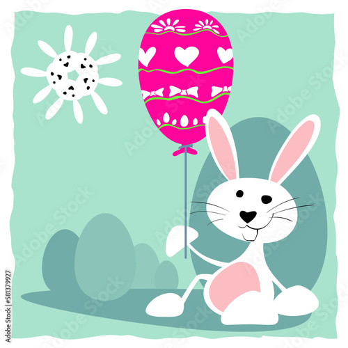 Feliz Pascua (Happy Easter). Un lindo conejo blanco apoyado en un huevo de Pascua con un globo decorado con muchos colores, huevos de Pascua al fondo. El día es soleado, con un sol de conejos.	 photo