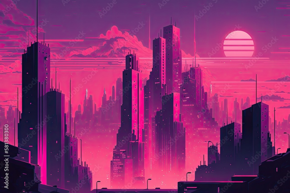 Retro futuristic abstract pink and violet cityscape. innovative idea. upcoming city Illustration of a cyberpunk wallpaper. Generative AI