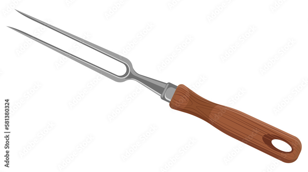 Kitchen tool with wooden handle. Carving fork. Isolated on white Kitchen tool with wooden handle. Carving fork. Isolated on white