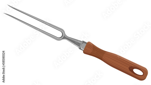 Kitchen tool with wooden handle. Carving fork. Isolated on white