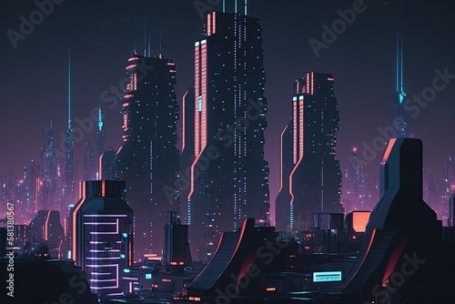 city lights at night. futuristic urban neon. Cyberpunk style futuristic city set against a pitch black night sky. Photorealistic illustration. buildings from the future with enormous luminous billboar photo